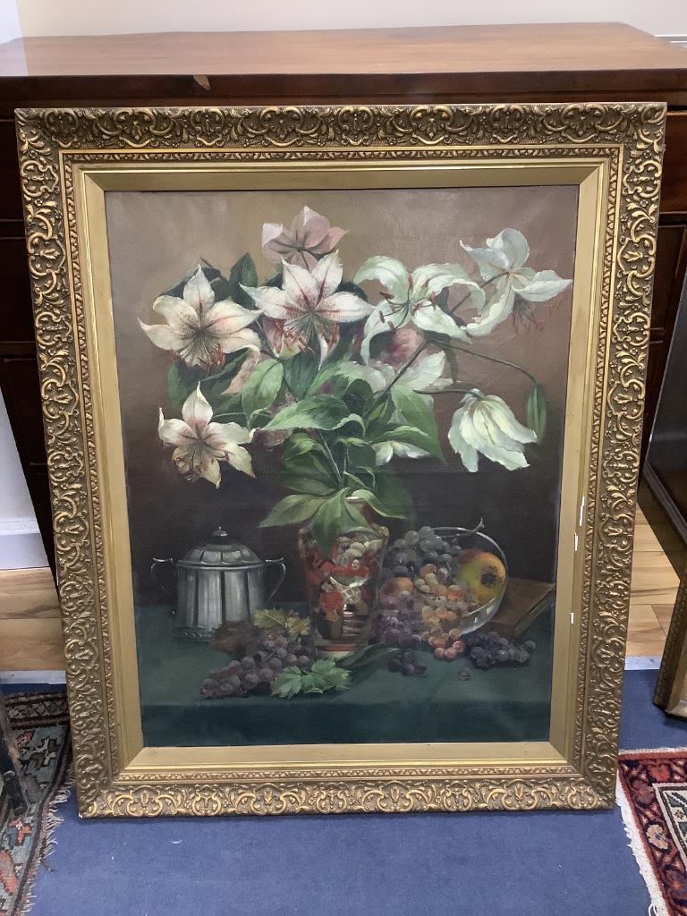 Harriet Sara Scott c.1900, oil on canvas, Still life of lilies and fruit on a table, signed, 80 x 61cm